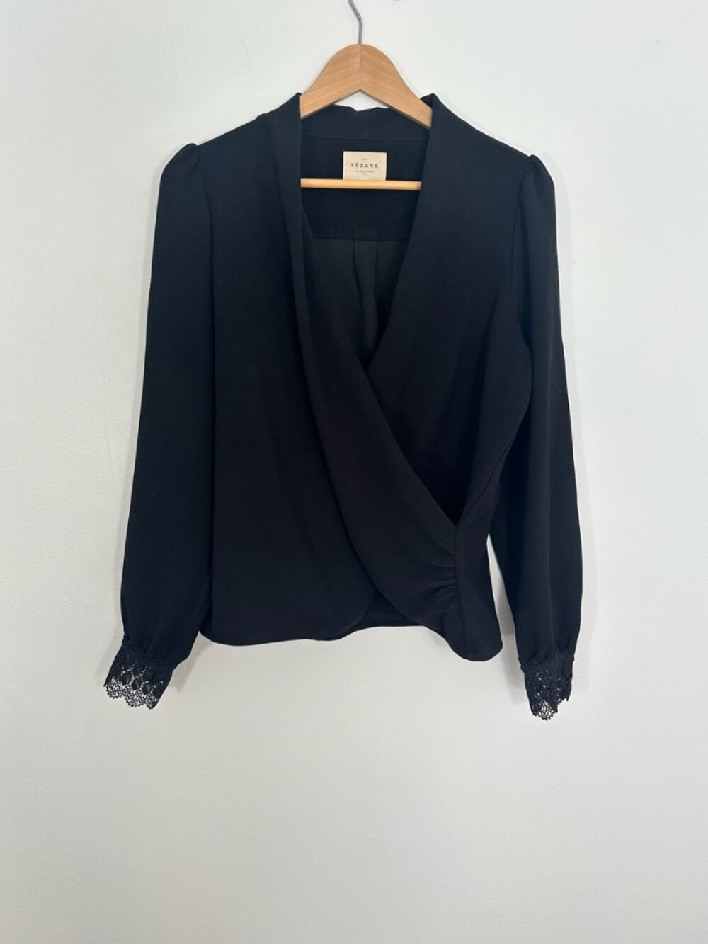 Sezane Black Lace Cuff Wrap Front Blouse Size 40